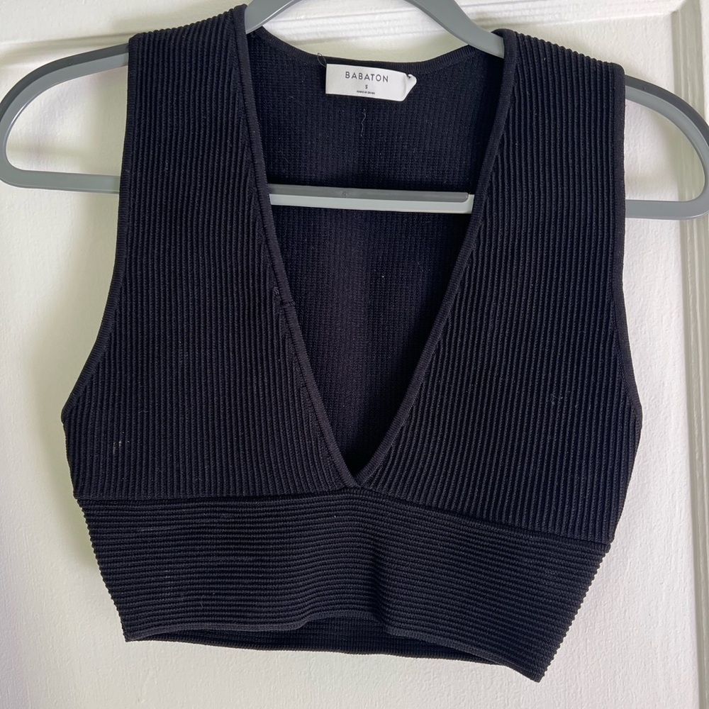 Babaton Black Ribbed V-Neck crop top